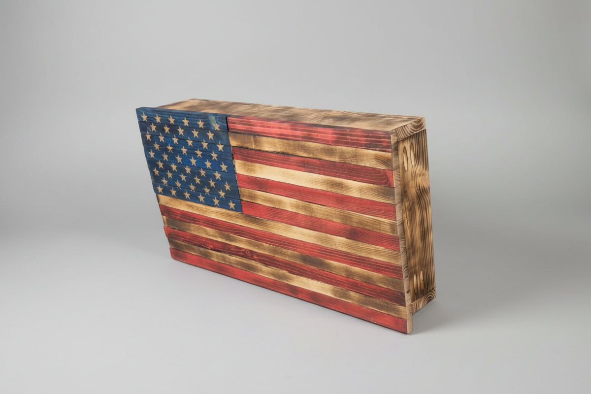Wooden American flag wall art on a wooden surface