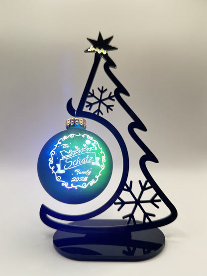 Custom Light-Up Glass Ornament – Family Name Engraved - Snowman or Snowy Night