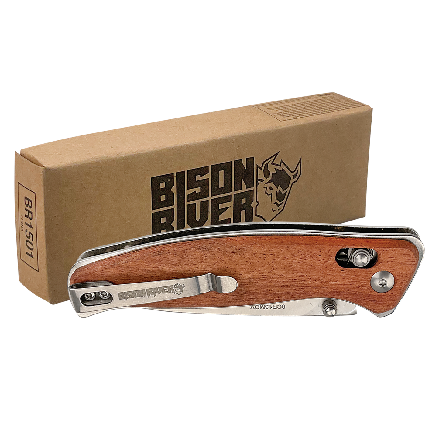 Bison River 4 1/2" Wood Button Lock Folding Knife