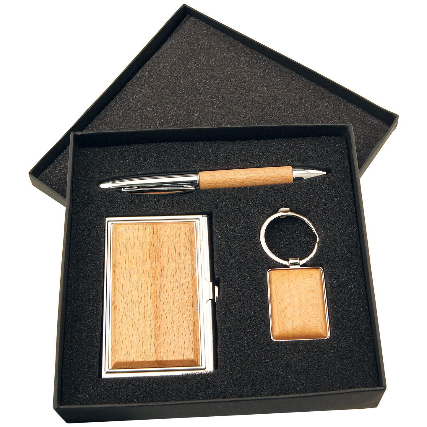 Silver/Wood Finish Gift Set with Business Card Case, Pen & Keychain