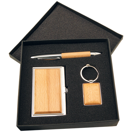 Silver/Wood Finish Gift Set with Business Card Case, Pen & Keychain